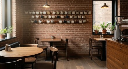 Cozy modern café interior with brick walls and wooden furniture