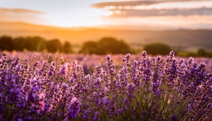 Naklejka premium lavender flowers bloom in a serene field during golden hour creating a tranquil atmosphere for nature lovers