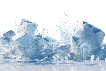 Ice cubes cascade over a reflective surface