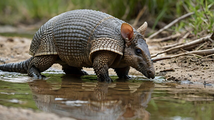 Fototapeta premium An armadillo pauses at the edge of a shallow stream, lowering its head to drink while keeping a wary eye on its surroundings