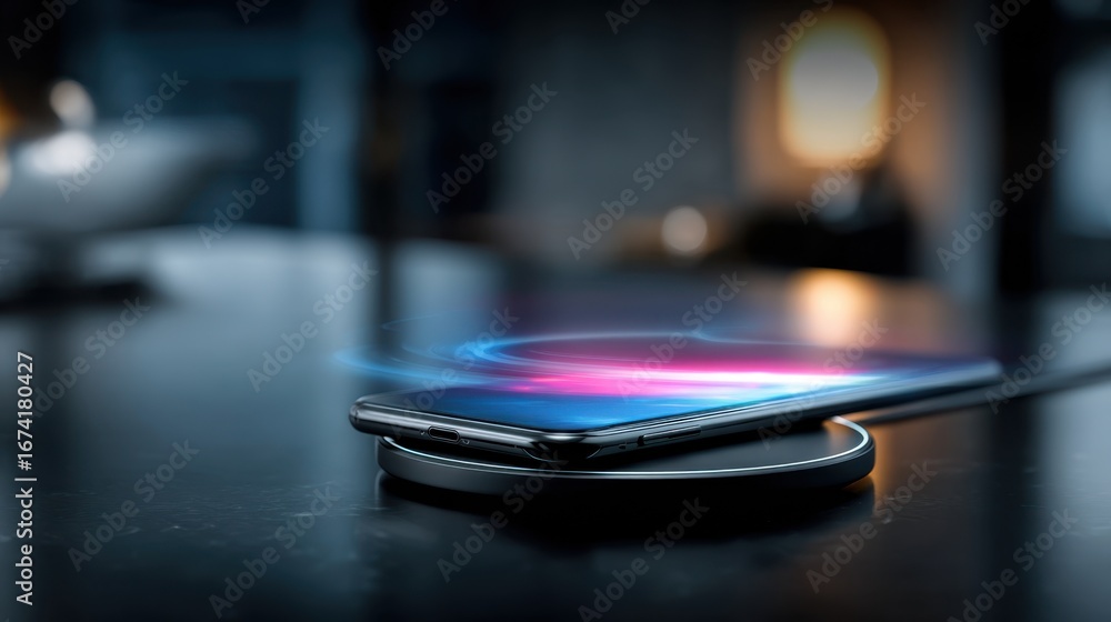 Poster medium shot of a wireless charging pad transmitting power to a smartphone with a sharply focused dev