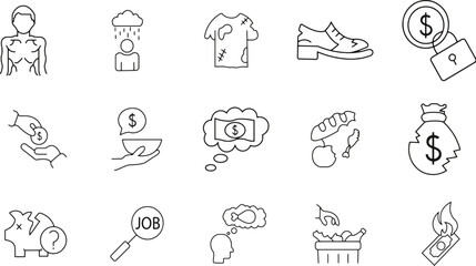 A clean, minimalist line-art illustration in a monochromatic black and white palette, composed of a grid of fifteen distinct icons presented against a stark white background.
