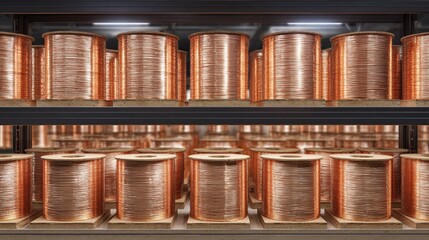 Copper wire spools on shelving. Rows of copper wiring ready for commercial industrial construction. Metal wire reels on factory shelves.