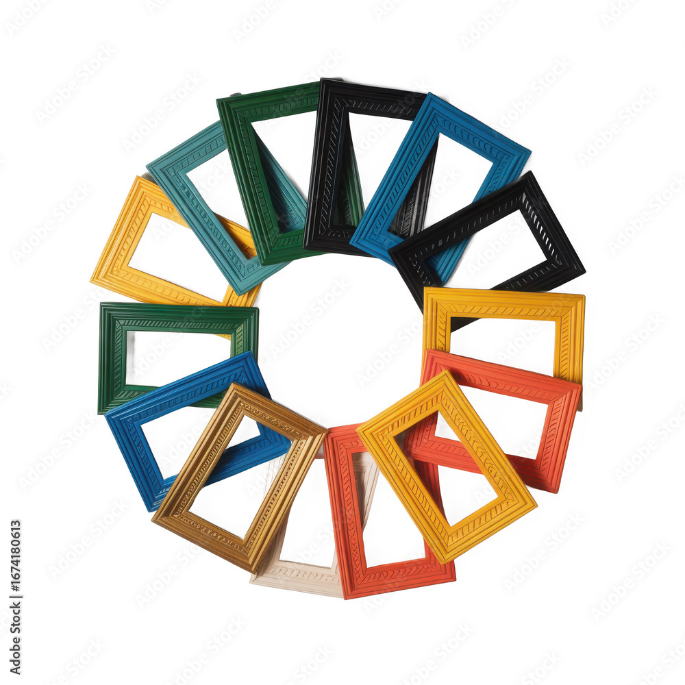 Poster Circular arrangement of colorful empty picture frames showcasing diverse hues and textures a modern artistic display isolated on transparent background