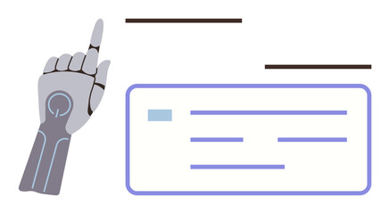 Robotic hand pointing at virtual interface with text elements and lines, emphasizing AI and automation. Ideal for technology, future, robotics, interface design, machine learning, innovation