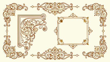 Big set vintage frame corners design elements. frames, calligraphic, swirls divider, thai pattern, ornate, award, arrows. Vintage line decoration frames collection. Vector illustration white backgroun
