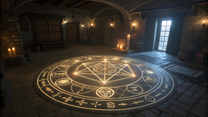 Glowing alchemy circle with ancient symbols projected on a cobblestone floor in a candlelit room