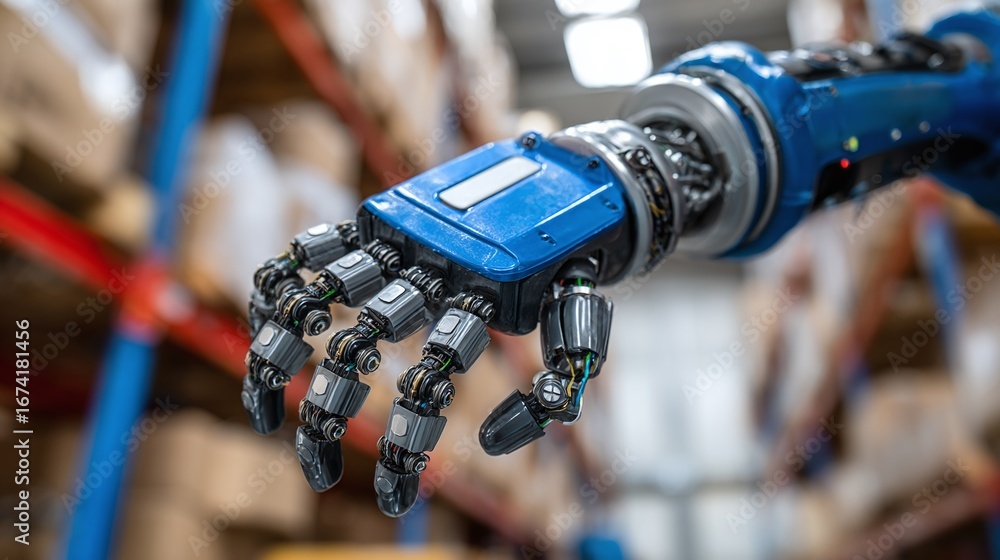 Poster robotic hand in industrial setting. close-up view of an advanced robotic hand, highlighting technolo