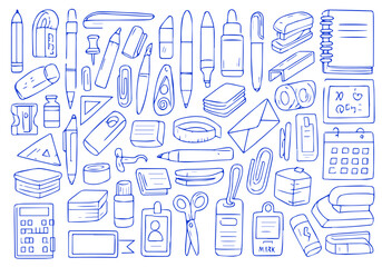 Hand Drawn Stationery Doodle Vector Icons, Sketch Style Elements with Pencil, Pen, Ruler, Notebook, Eraser, Paper and Office Supplies, Editable Formats: AI, EPS, JPG, PNG, 