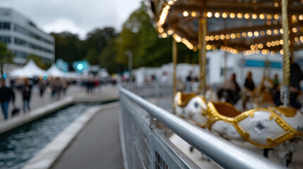 Obraz premium A vibrant carousel at a lively carnival location is captured beautifully, surrounded by bustling crowds and playful energy, inviting everyone to join in the festive celebration.