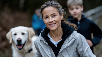 A cheerful woman jogs with children and a dog in a natural landscape, emphasizing a healthy lifestyle and the positivity of outdoor family activities.