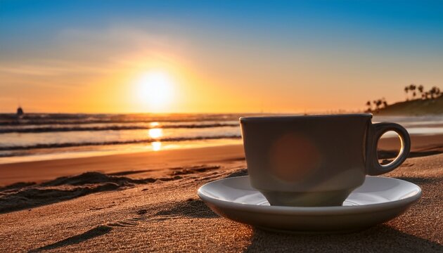 coffee cup on san diego beach at sunset
