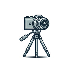 Professional camera on a tripod capturing a scenic landscape with vibrant colors in the background