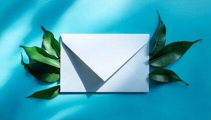 white envelope on pastel blue background with green leaves and natural shadows