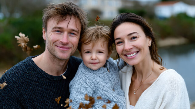 A cheerful family takes a joyful portrait by the tranquil water, with two adults and a child happily smiling together under an autumn sky filled with leaves. - Powered by Adobe