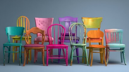 A playful arrangement of mismatched chairs in vibrant colors, representing whimsical seating dilemmas.
