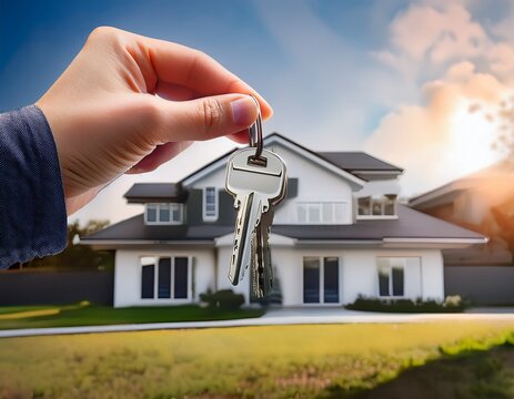 hand holding house keys in front of modern home symbolizing real estate or homeownership - Powered by Adobe