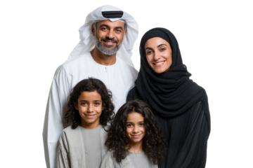 Heartwarming portrait of a Middle Eastern family, dressed in traditional attire, smiling and embracing together