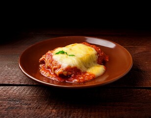 parmegiana steak also known as filet parmegiana in a brown plate on a rustic wooden background cheese and tomato sauce soft light angle view generative ai