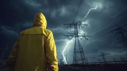 Weathering the storm: A figure in yellow stands against a dramatic lightning-filled sky, facing towering electrical structures with resilience and determination.