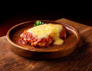 parmegiana steak also known as filet parmegiana in a wood plate on a rustic wooden background cheese and tomato sauce soft light angle view