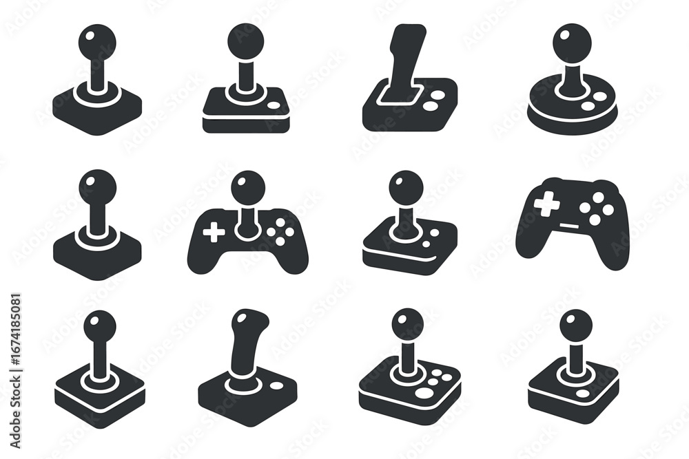 Poster collection of twelve different game controller icons in black and white