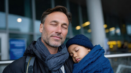 Fototapeta premium A serene moment captured as a father holds his sleeping child, both wrapped in cozy attire, radiating warmth and safety in a relaxing indoor atmosphere.
