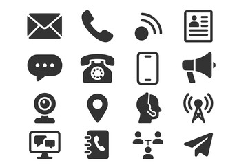 Communication icons set: email, phone, messaging, networking, contact, megaphone, webcam, signal