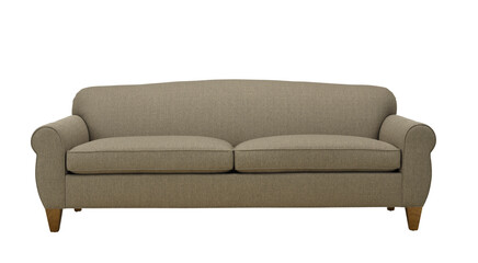 Comfortable two seater sofa with rounded arms and classic design on white + clipping path. Furniture, interior object.