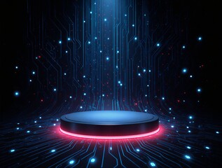 cyberpunk podium product display glowing stage | product display, technological showcase, futuristic event, innovation expo, science fiction product launch theme