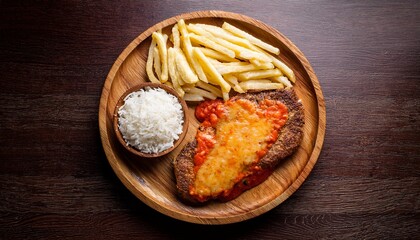 parmegiana steak also known as filet parmegiana in a wood plate on a rustic wooden background cheese and tomato sauce steak parmigiana rice french fries soft light top view