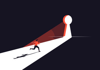 Man running towards a bright keyhole shaped opening in the darkness seeking opportunity