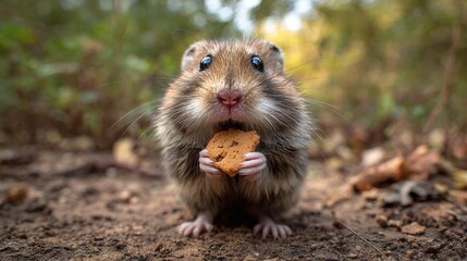 Adorable mouse pausing from foraging to enjoy a tasty treat, a small biscuit, with a blurred forest background.