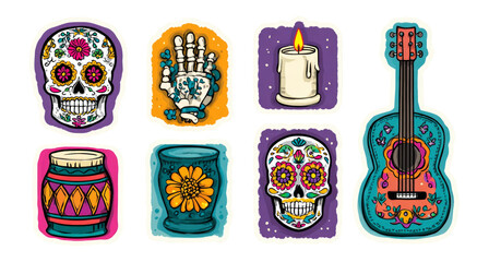 Colorful Day of the Dead Clipart Set on Transparent Background