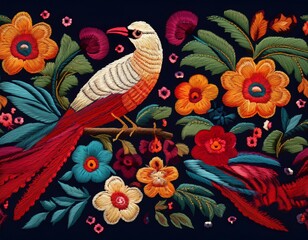 vibrant otomi embroidery pattern with traditional mexican birds and flowers on dark background folk art textile design