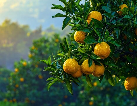 Fresh oranges on a tree branch in a vibrant orchard - Powered by Adobe