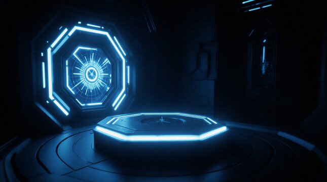 futuristic cyberpunk podium display for product showcasing | product display, showcase, technology, interior design, future design theme