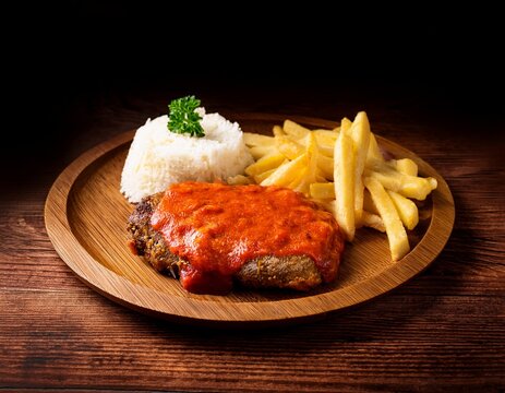 parmegiana steak also known as filet parmegiana in a wood plate on a rustic wooden background cheese and tomato sauce steak parmigiana rice french fries soft light angle view
