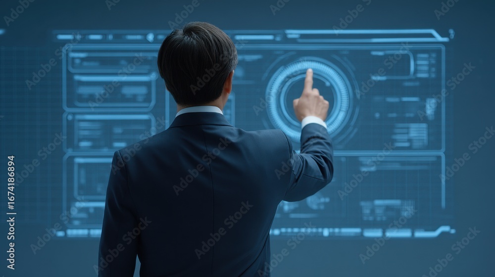 Poster businessman interacting with futuristic digital interface display in high-tech environment, represen