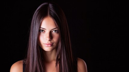 Fototapeta premium Portrait of a poised and beautiful woman with long brown hair and striking eyes, captured against a dark backdrop in a captivating image.