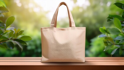 a beige canvas tote bag mockup on wooden product display podium with nature leaves background eco friendly totebag mock up made of natural cotton reusable shopper ecobag canvas for design