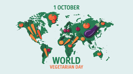 Vector art of world vegetarian day observed on october 1st, featuring a world map illustrated with various fresh vegetables and fruits, symbolizing global plantbased eating