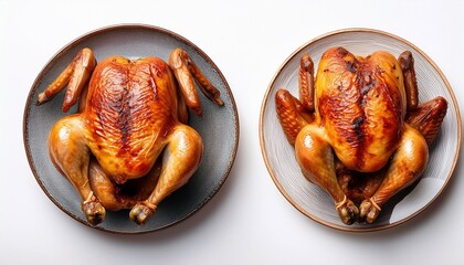 rotisserie chickens each displayed from above on a white background