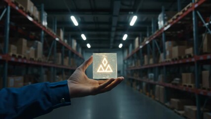 Person holding a transparent cube with symbols in a warehouse   - Powered by Adobe