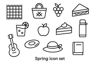 Spring icon set: picnic, guitar, hat, food, basket, drink, fruits, book
