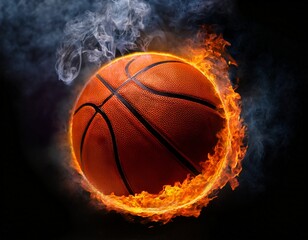 orange basketball engulfed in bright orange flames and dark smoke fire sport