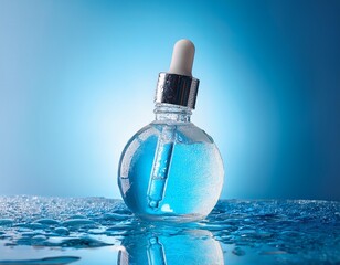skincare serum essence glass bottle on ice blue background concept summertime beauty product cooling summer facial care