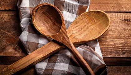 wooden spoons and spatula on checkered cloth rustic