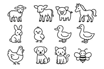 Cute outline drawings of farm and pet animals for kids