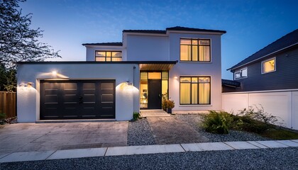 modern white house exterior with black door and lighting at dusk